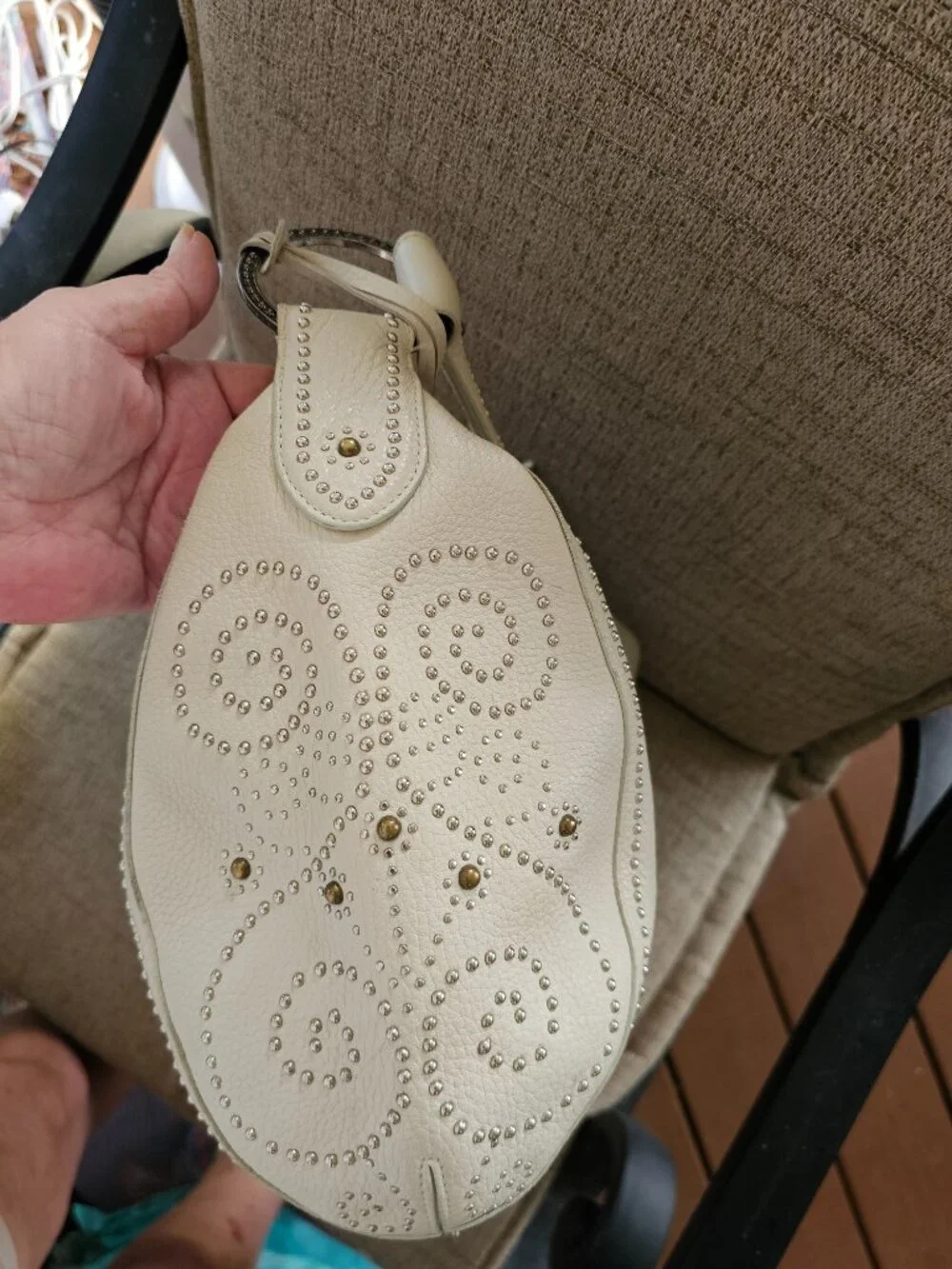 Brighton White Pebbled Leather Studded Hobo Shoulder Bag Heart Charm
